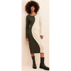 Little Lies Wave Knitted Midi Dress Olive Cream Size Small Retro 70s
